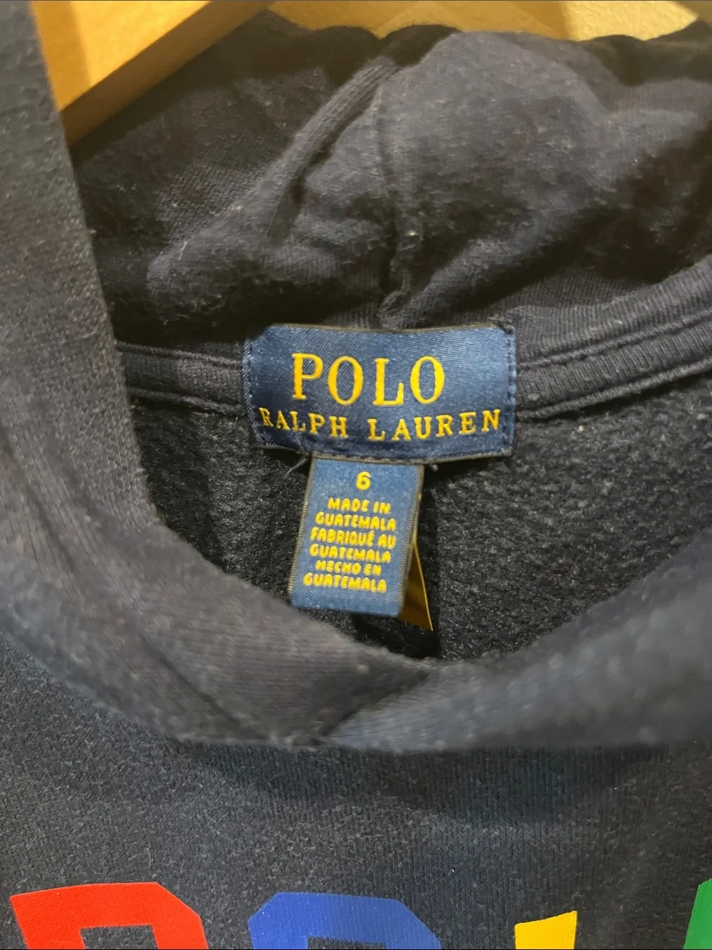 Ralph Lauren Navy Hoodie with Multicolor POLO Letters